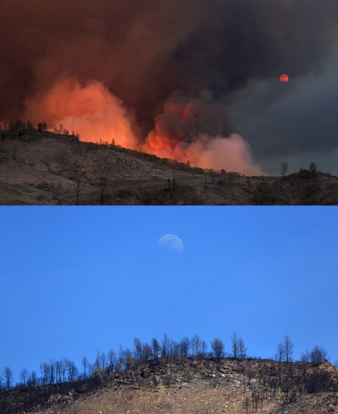The full moon rises above the Rocky fire in July 2015.  Last week, a waxing gibbus moon. (Kent Porter / Press Democrat) 2016