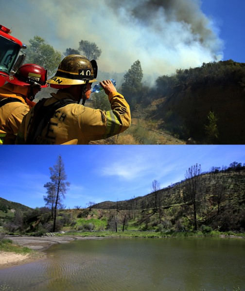 No water in Cache Creek along Highway 20 meant less of a natural firebreak in August 2015.  On April 15, 2016,  Winter rains at least partially hydrated the creek. (Kent Porter / Press Democrat) 2016. 