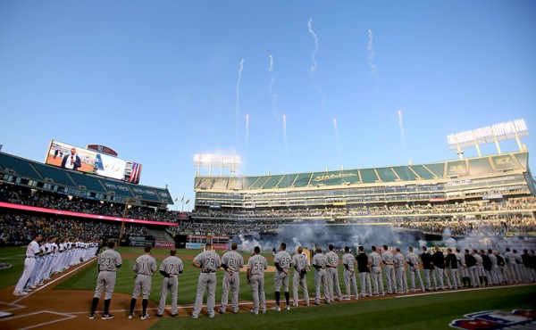 Daytime fireworks punctuate opening day festivities between the Oakland A's and the Chicago White Sox, Monday April 4, 2016. (Kent Porter / Press Democrat ) 2016