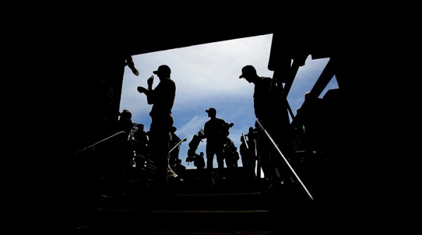 After Batting practice prior to the Giants home opener against the Dodgers at AT&;T Park in San Francisco, players head to the clubhouse, Thursday April April 7, 2016. (Kent Porter / Press Democrat ) 2016