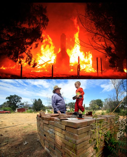On September 13, 2015 the Bennett home is engulfed as the Valley fire rages. Below, Bo Bennett and his grandson Eli, 4, have a discussion about bricks, Monday Aug. 29, 2016, salvaged from the chimney of the Bennett house in Middletown, some of the only remnants of the house that was razed during the Valley fire. The Bennett family intends to rebuild. (Kent Porter / The Press Democrat) 2016