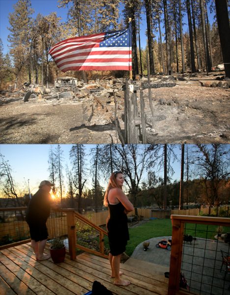 Ron Haskett and his wife and Kathleen Ahart take a moment to enjoy a sunset from the back deck of their newly built home on Summit Blvd. in Cobb Tuesday Aug. 30, 2016. A year after the Valley fire destroyed hundreds of homes in the Cobb Mountain area, they were among the first to rebuild. (Kent Porter / The Press Democrat) 2016
