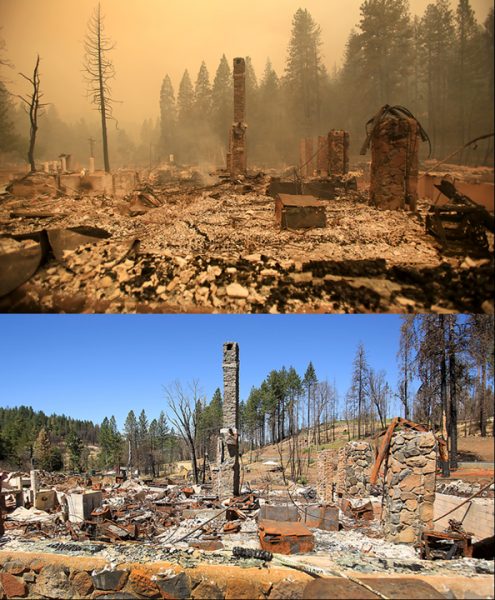 Hoberg's Resort is one of the last places in the Valley fire zone in need of debris removal, upper photo is from Sept. 13, 2015 and lower photo is from August 29, 2016. (Kent Porter / Press Democrat) 2016