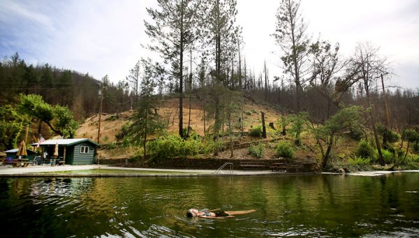 Margit Pataki takes a plunge in Anderson Springs, Monday Aug. 29, 2016 surrounded by burned trees and vacant parcels. A resident of Rose Anderson Road of the community, Pataki lost her home of 20 years to the the 2015 Valley fire. (Kent Porter / The Press Democrat) 2016