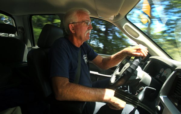 Fire Chief Steve Baxman, 46-year volunteer with Monte Rio Fire, drives the narrow slot canyon roads in the Russian River District. Baxman is worried about wildland fires in the area, many of the roads are narrow, and homes dot the terraces in thick forested and brush covered hillsides. (Kent Porter / Press Democrat) 2016